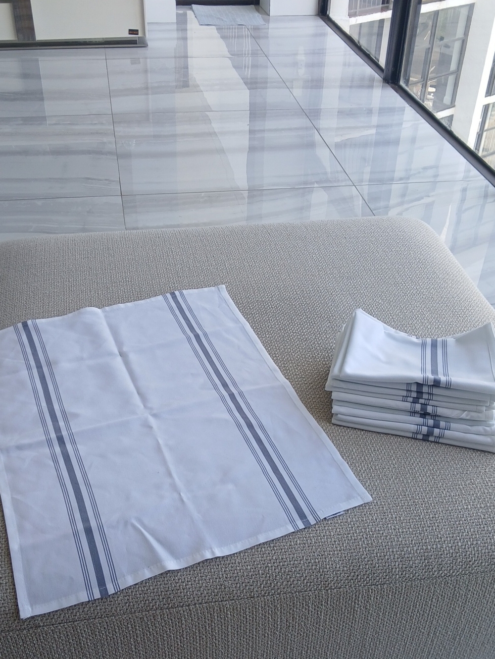Classic White Kitchen Napkins with Blue Stripe - Set of 11